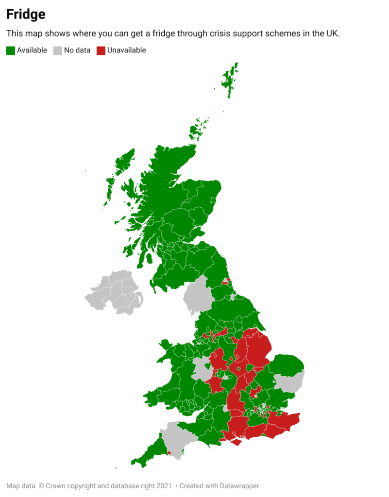 Map showing local authorities that provide fridges through their local welfare scheme